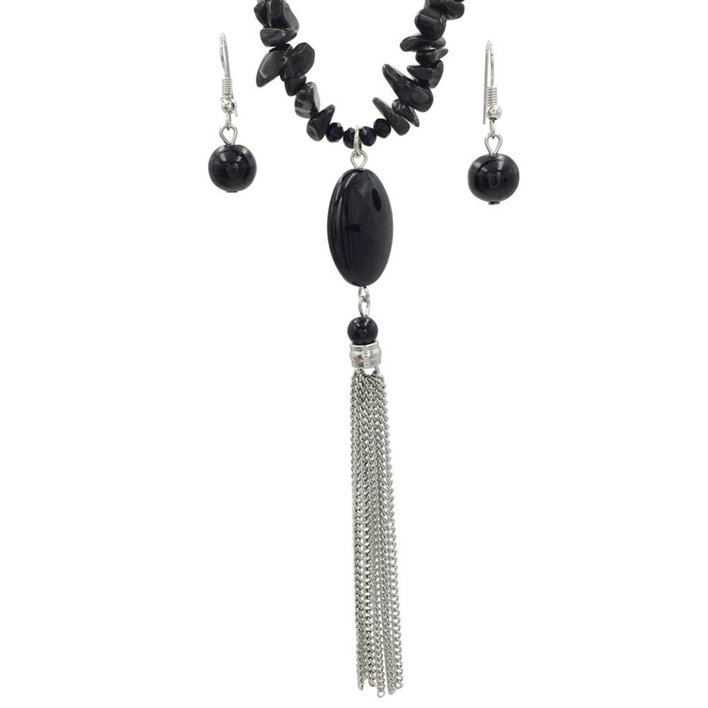 Long Black Stone Chip Tassel Necklace Earrings Set